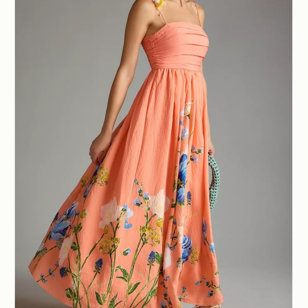 Anthropologie ruched-bodice floral midi dress